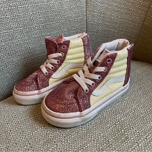Vans Kids Glitter Pink and Yellow High-Top Sneakers